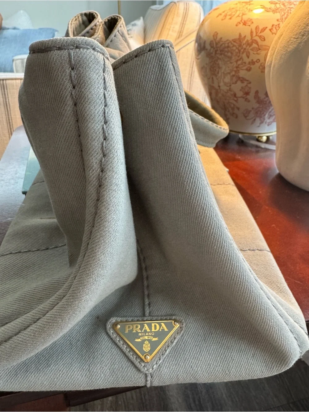 Prada Canvas Tote in Taupe Gray with White Logo